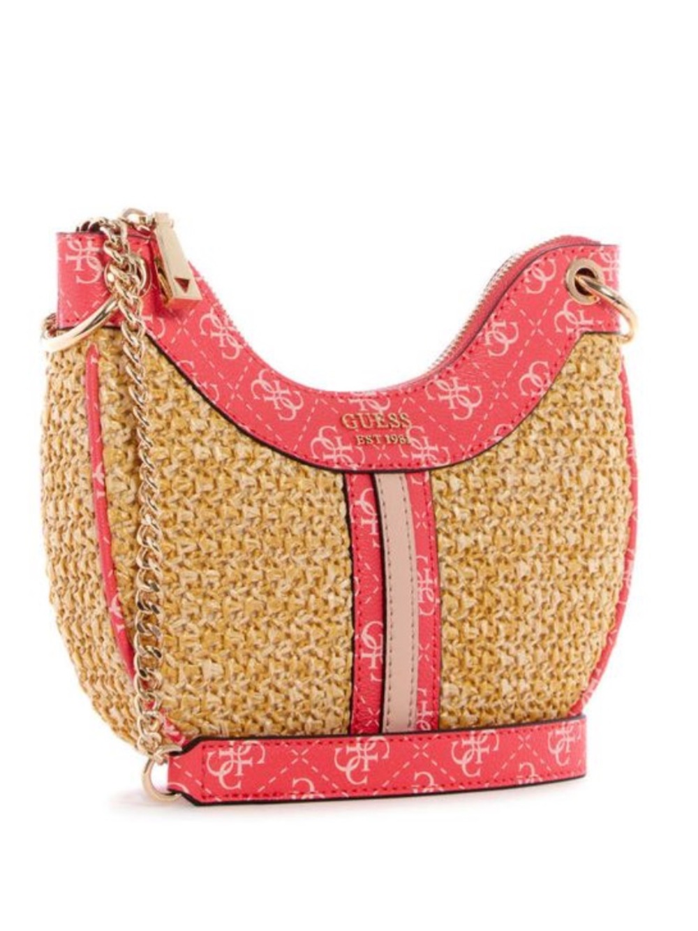 GUESS Coral and Tan Woven Shoulder Bag with Chain Strap